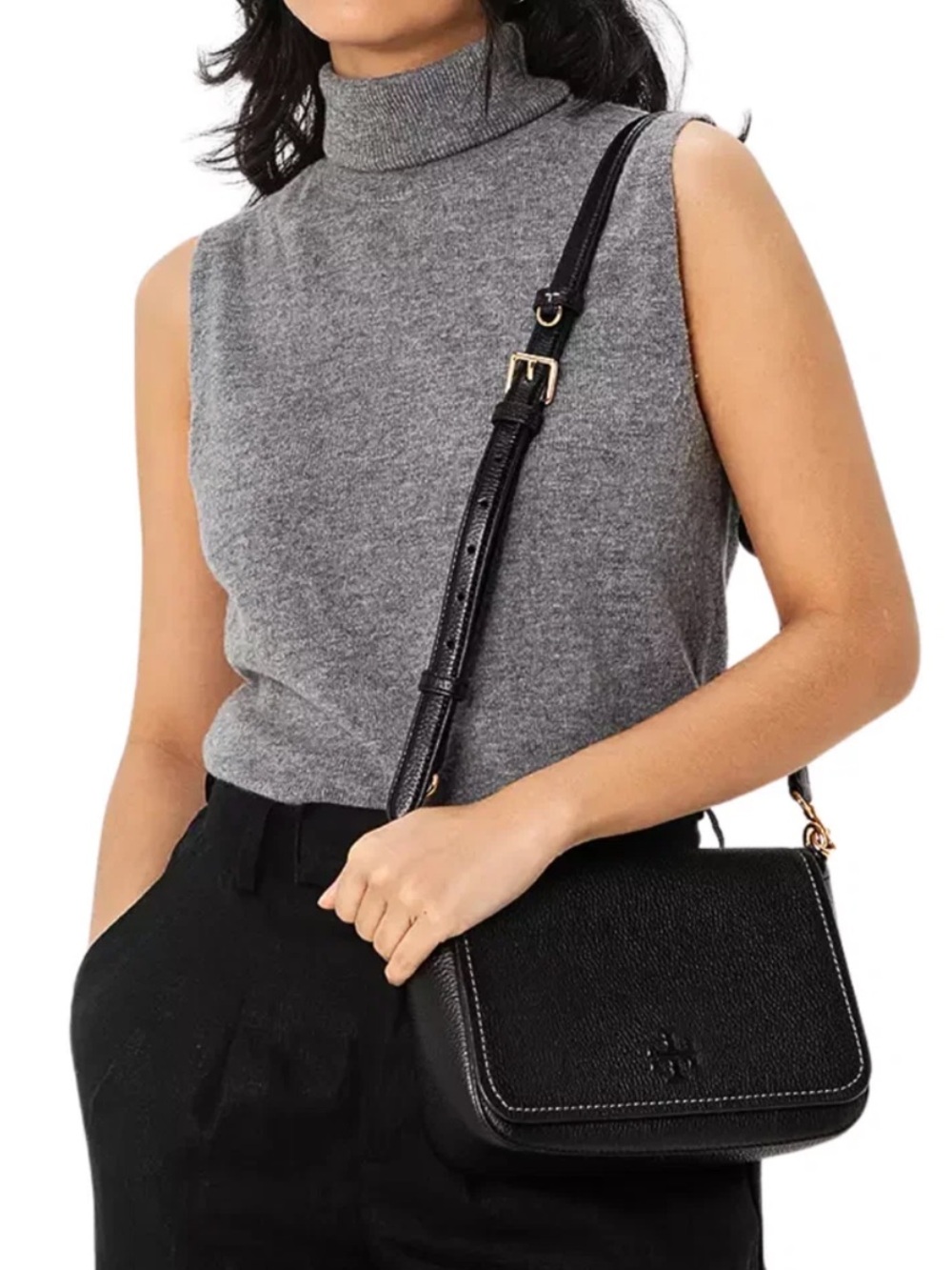 Tory Burch Black Leather Crossbody Bag with Gold Hardware